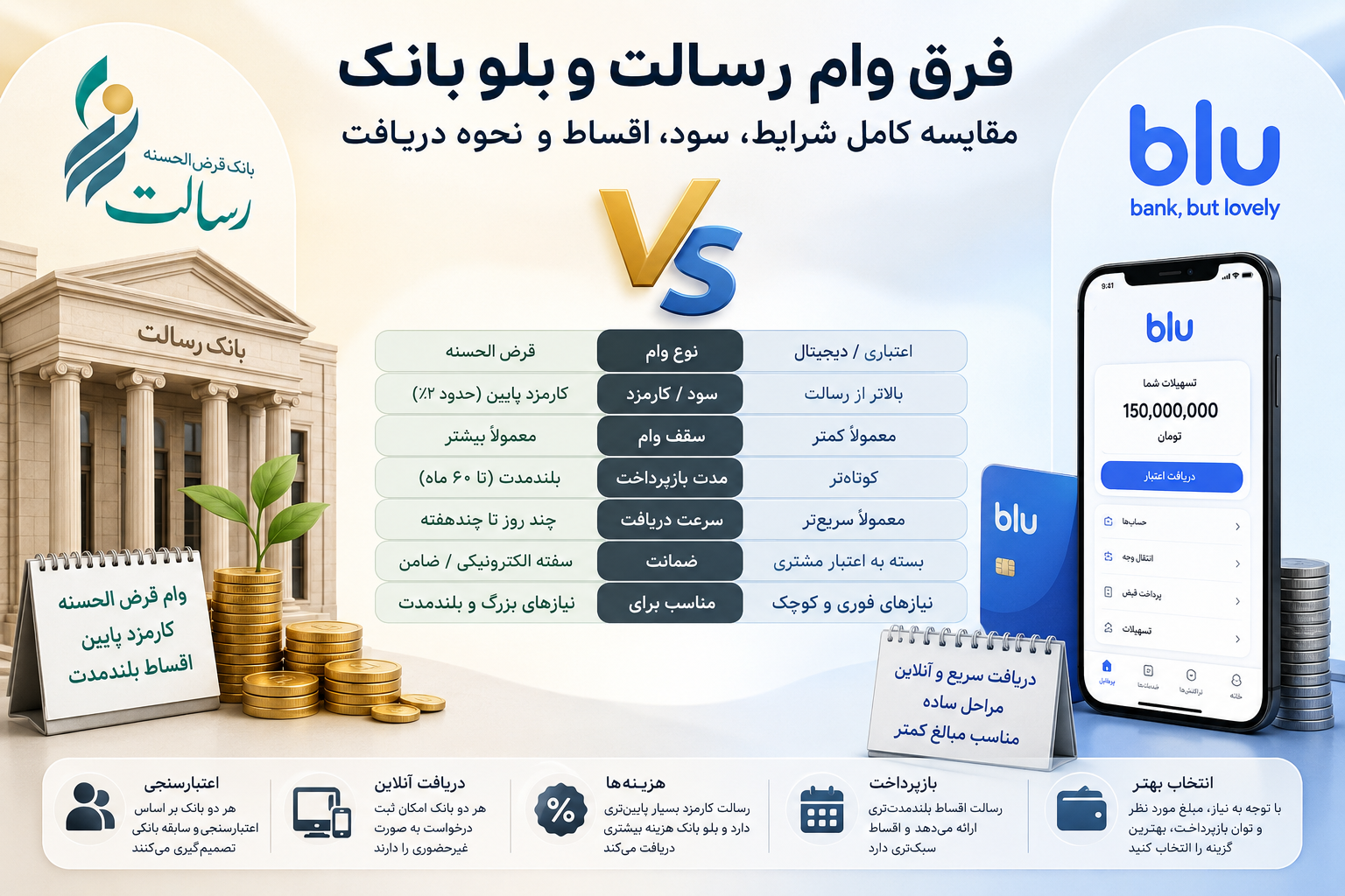 فرق وام رسالت و بلو بانک؛ مقایسه کامل شرایط، سود، اقساط و نحوه دریافت